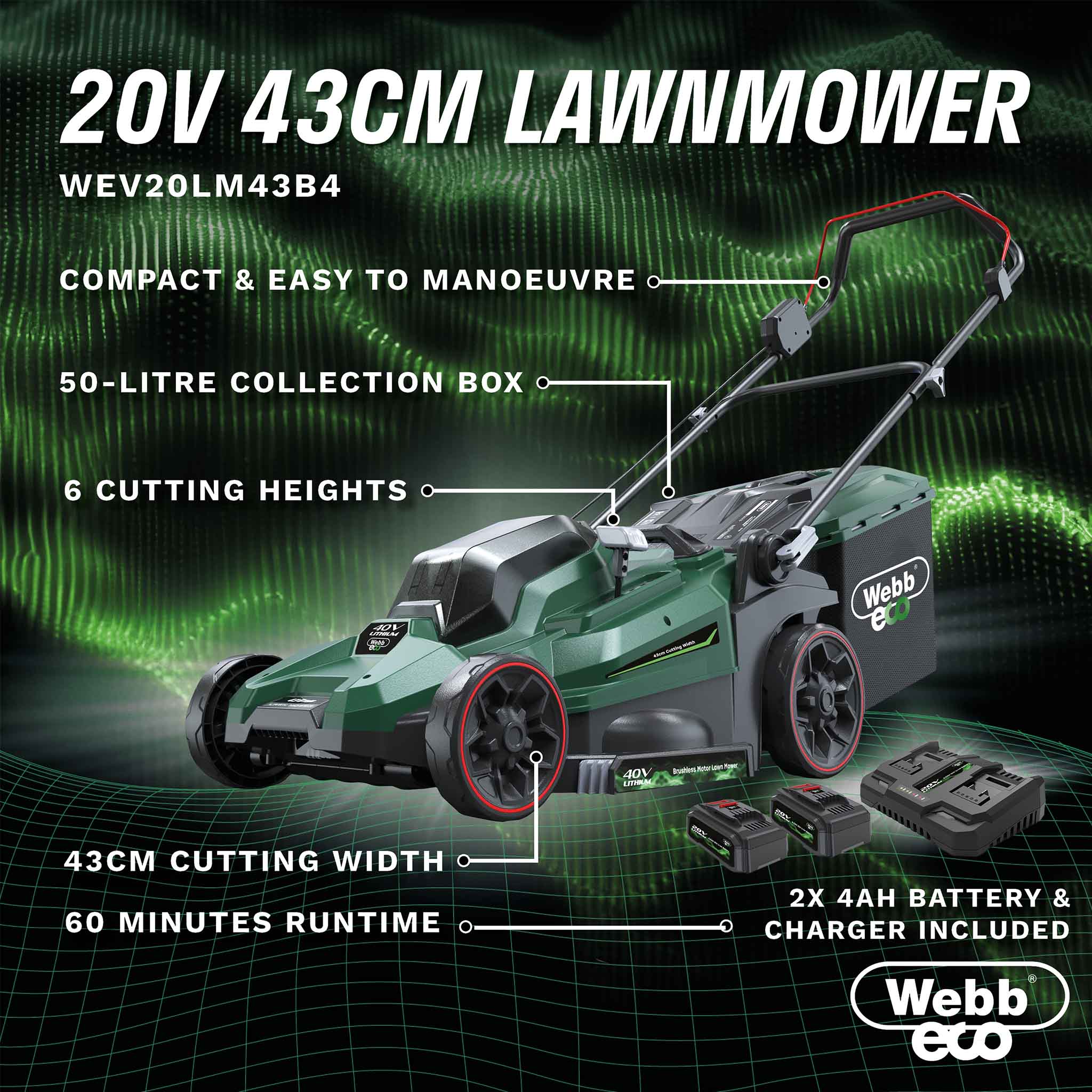 Webb Eco 40V 43cm Cordless Rotary Mower with 2 x 4AH Battery & Charger - Image 11